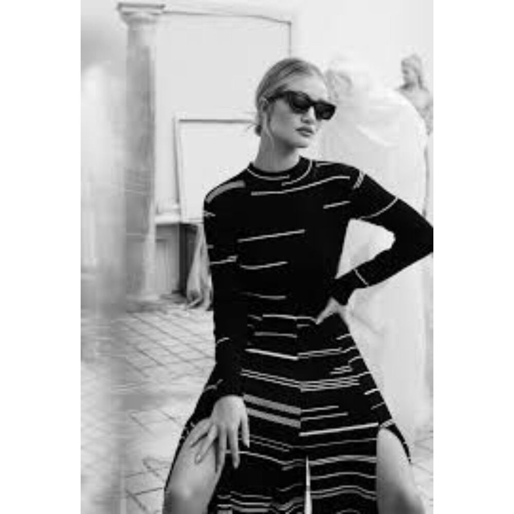 BCBGMAXAZRIA Black White Striped Cotton Long Sleeve Knit Midi Dress M